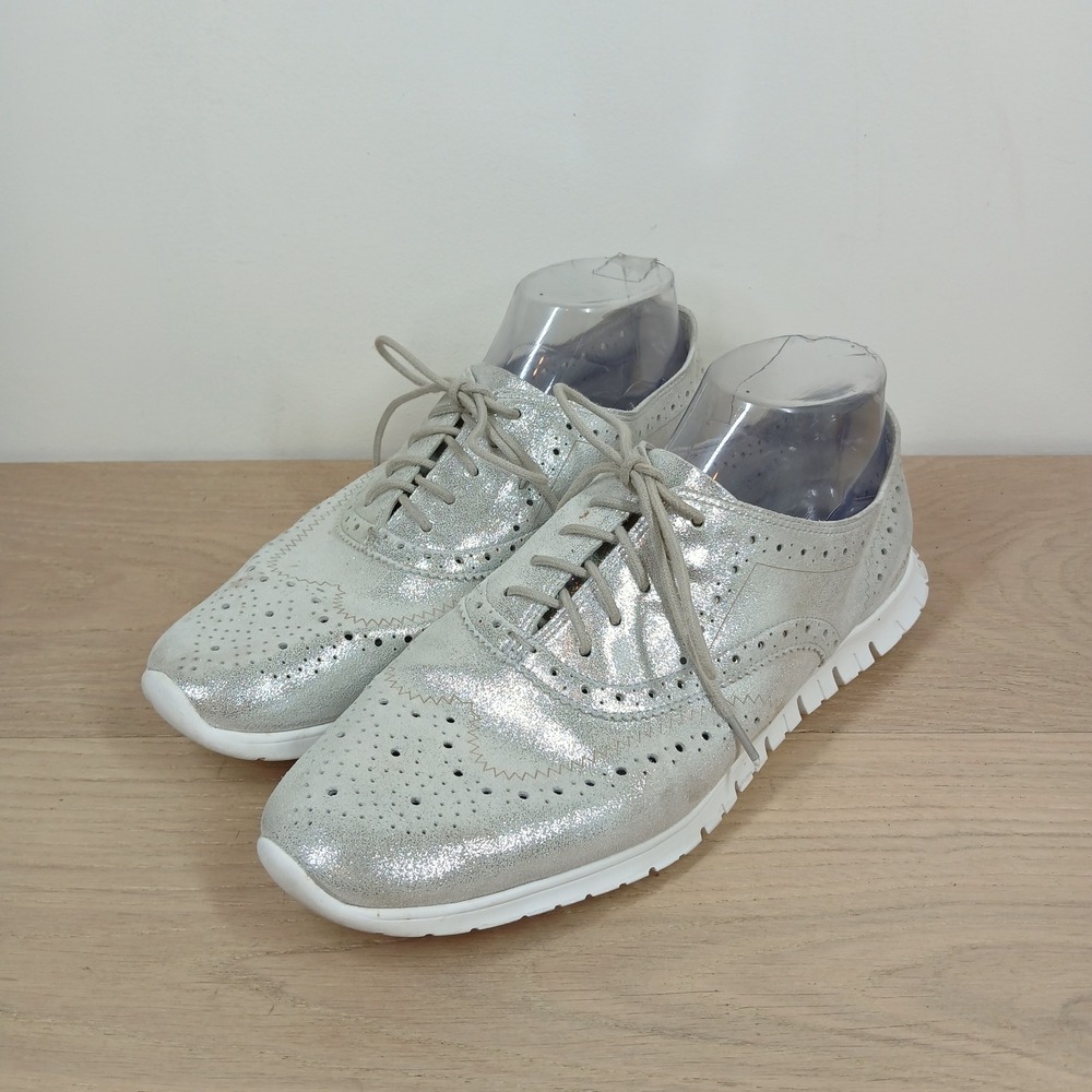 Cole Haan Sneakers Women 9.5 Silver Leather Zerogrand Wingtip Brogue Streetwear